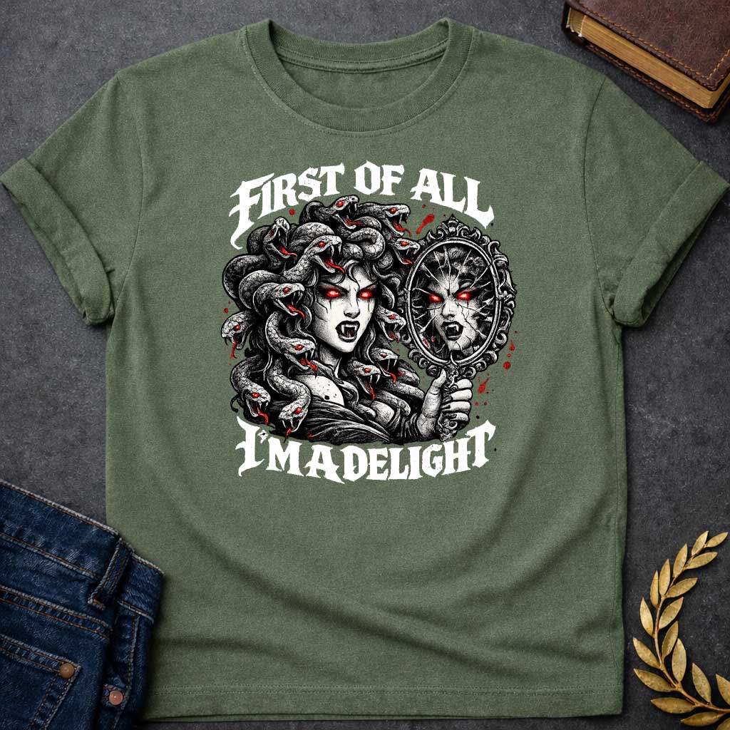 medusa first of all im a delight streetwear style greek mythology adult shirt featuring detailed Greek mythology artwork, symbolic design, and bold graphic style