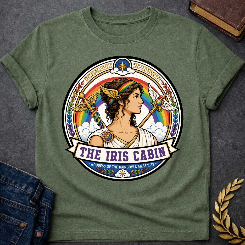 Military Green T-shirt with a Iris Greek mythology cabin design featuring the goddess of the rainbow and messages in a colorful circular emblem. Iris wears a rainbow headband and winged accents, surrounded by a vibrant rainbow, clouds, winged staffs, laurel leaves, and celestial details. Text reads “The Iris Cabin” and “Goddess of the Rainbow & Messages,”