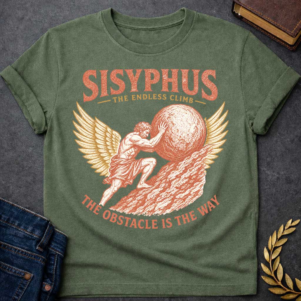 Military Green t-shirt with a Vintage Sisyphus Greek mythology design featuring the legendary figure pushing a massive boulder up a steep mountain, framed by golden wings. Distressed terracotta and gold artwork includes the text “Sisyphus,” “The Endless Climb,” and “The Obstacle Is the Way,” symbolizing perseverance, struggle, and determination.