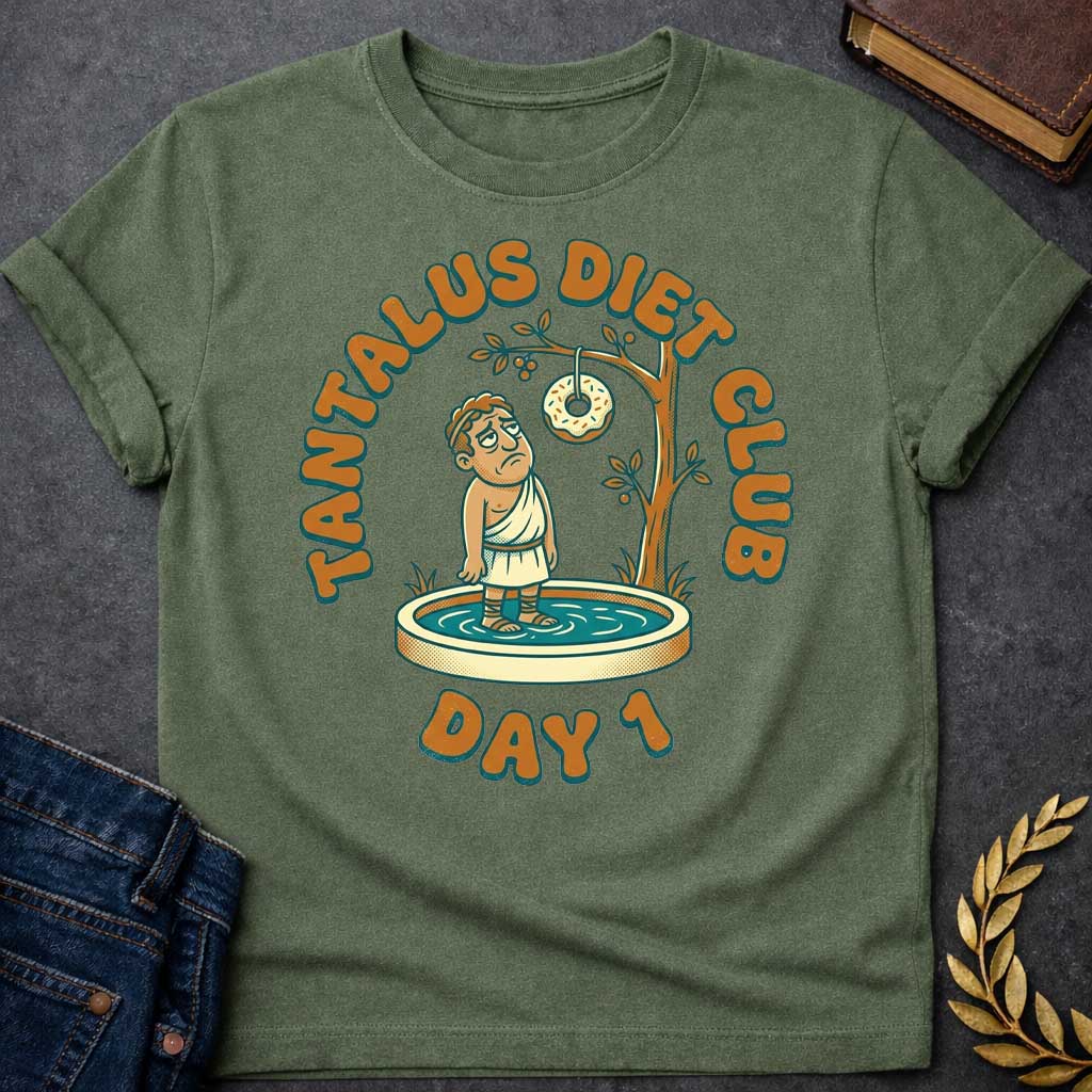 Military Green t-shirt with A cartoon illustration, Standing in a small shallow pool next to a tree, a sad Greek man in a toga gazes glumly at a frosted donut with sprinkles dangling just out of reach from a branch. Chunky, retro orange and teal text arches over the graphic reading "TANTALUS DIET CLUB", with "DAY 1" featured prominently at the bottom.