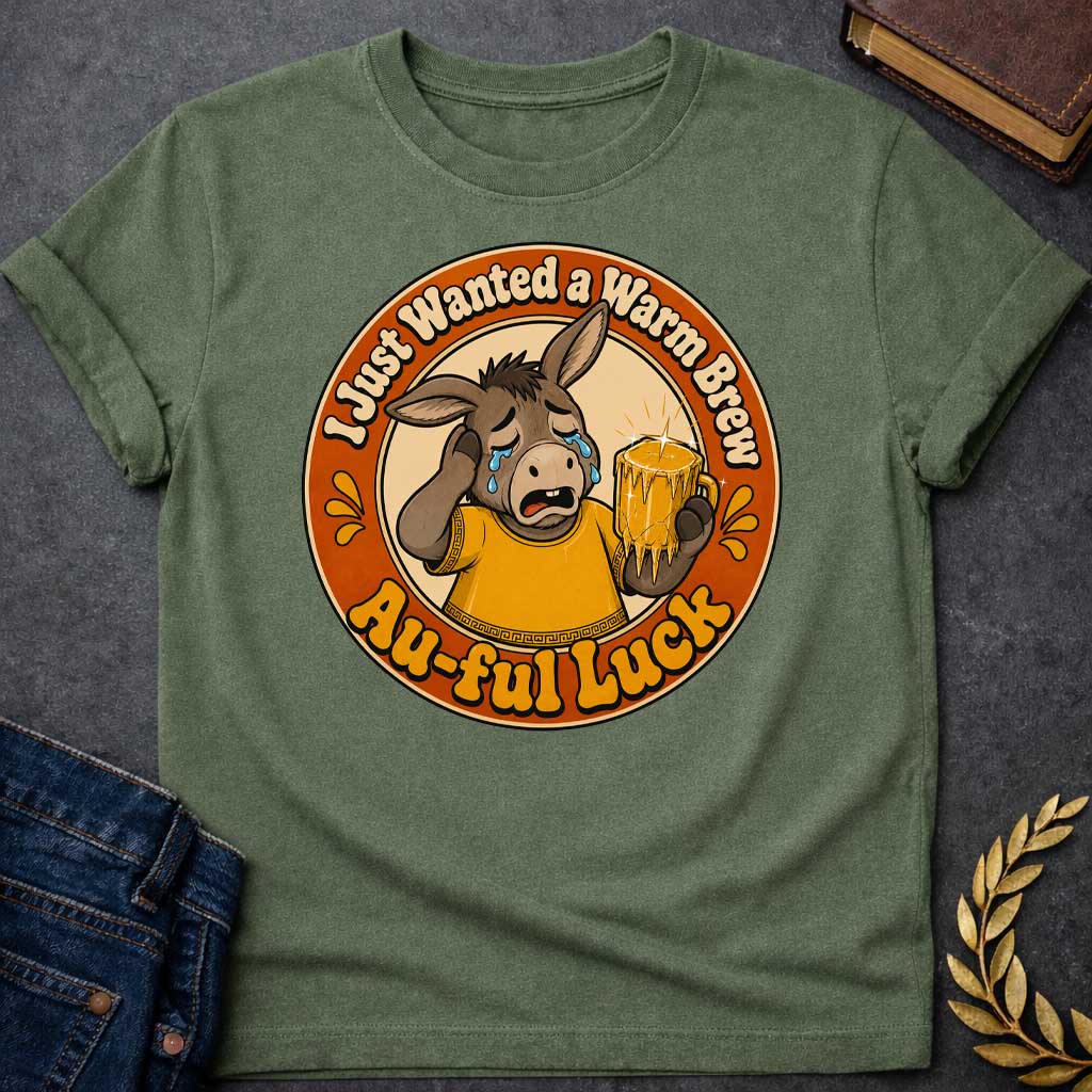 Military Green t-shirt with A Funny Greek mythology design featuring a crying cartoon donkey wearing a gold ancient Greek tunic and holding a dripping gold beer mug. Circular vintage badge layout with the humorous text, "I Just Wanted a Warm Brew" at the top and "Au-ful Luck" at the bottom, referencing the myth of King Midas. Retro orange, gold, cream, and brown color palette with bold, distressed vintage styling.