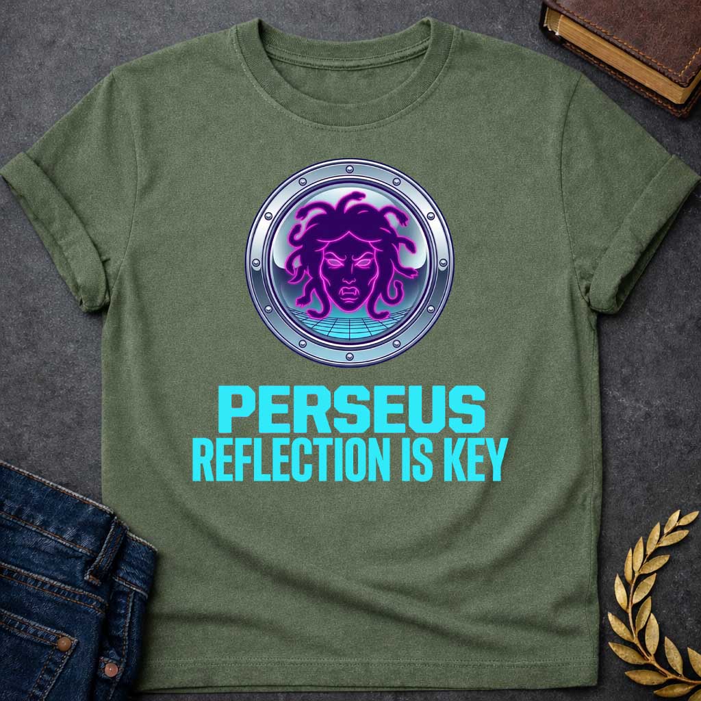 Military Green t-shirt in synthwave style: a glowing neon-pink and purple Medusa face with snake hair sits inside a chrome porthole frame with rivets, backed by a retro grid floor and gradient sky. Bold cyan text below reads "Perseus" and "Reflection Is Key"