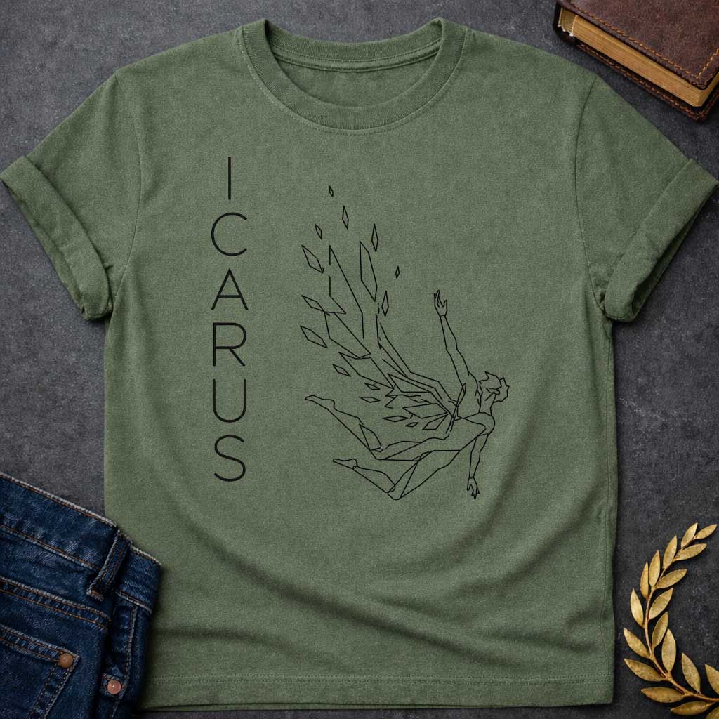 Military Green t-shirt in minimalist geometric line-art style: a falling figure with fragmented, angular wings shedding scattered diamond-shaped feathers as he tumbles, one arm reaching upward. Thin black outline drawing  with "Icarus" spelled vertically in narrow letter spaced type on the left.