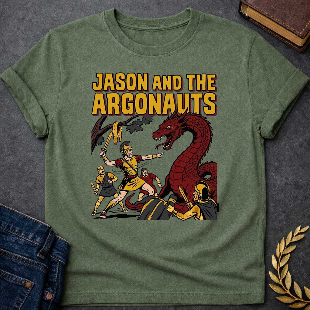Military Green T-shirt with A retro comic book style t-shirt design.  Bold yellow pop-art text at the top reads "JASON AND THE ARGONAUTS". Below, a Greek warrior in armor raises a sword near the Golden Fleece hanging from a tree branch, pointing toward a giant, snarling red dragon. Three fellow Argonauts surround the beast with swords drawn, featuring classic comic ben-day dot shading and thick black outlines