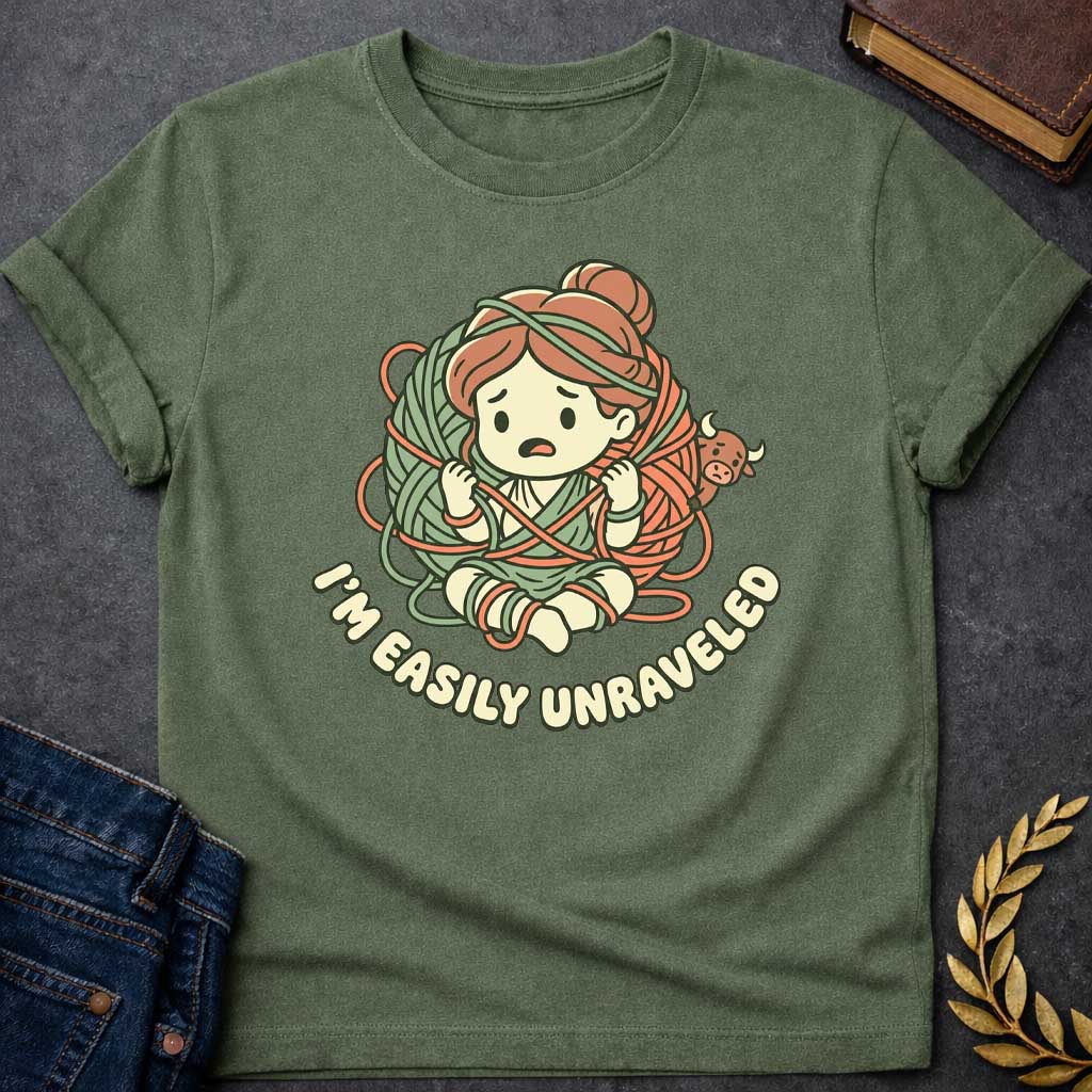 Military Green T-shirt with A cute chibi-style t-shirt graphic. A worried cartoon Ariadne sits tangled inside a giant ball of green and orange yarn, while a tiny, peekaboo Minotaur looks on from behind. Below the illustration, the punny tagline "I'M EASILY UNRAVELED" arcs gracefully in a bubbly, retro font. The design features a charming pastel color palette of muted sage green, terracotta orange, and cream.
