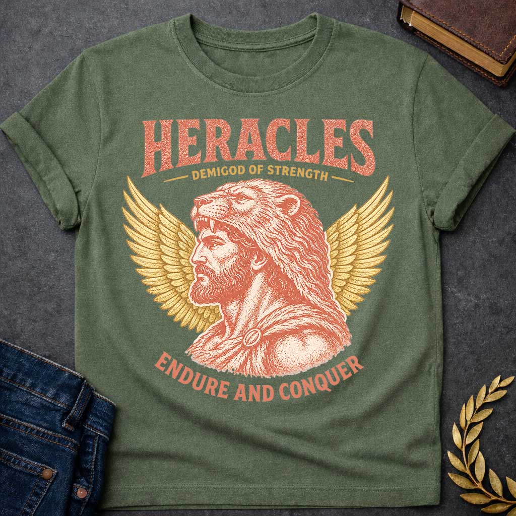Military Green t-shirt with a Vintage Heracles Greek mythology design featuring the legendary demigod of strength in profile wearing the Nemean lion skin, framed by detailed golden wings. Distressed coral and gold artwork creates an antique classical look with bold text reading “Heracles Demigod of Strength” and “Endure and Conquer.”