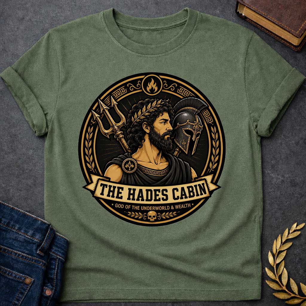 Military Green t-shirt with a Hades Greek mythology cabin design featuring the bearded god of the Underworld wearing a laurel crown, surrounded by a golden bident, warrior helmet, flames, Greek key patterns, and a skull. Black and gold circular emblem includes the text “The Hades Cabin” and “God of the Underworld & Wealth,”