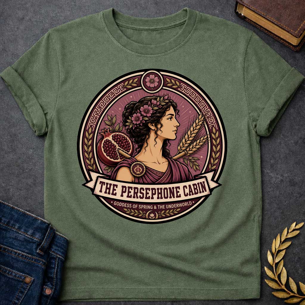 Military Green t-shirt with a Persephone Greek mythology cabin design featuring the goddess of spring and the Underworld wearing a floral crown and purple robes, surrounded by blooming flowers, a split pomegranate, wheat stalks, laurel leaves, and Greek key patterns. Burgundy and cream circular emblem includes the text “The Persephone Cabin” and “Goddess of Spring & the Underworld,”