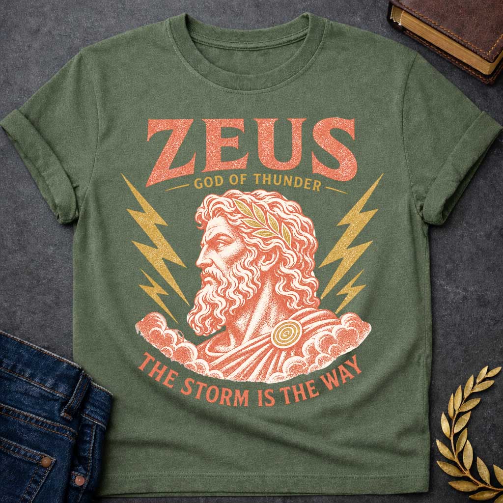 Military Green t-shirt with a Vintage Zeus Greek mythology design featuring the bearded god of thunder wearing a golden laurel crown, surrounded by lightning bolts and storm clouds. Distressed terracotta and gold artwork includes the text “Zeus,” “God of Thunder,” and “The Storm Is the Way,” 
