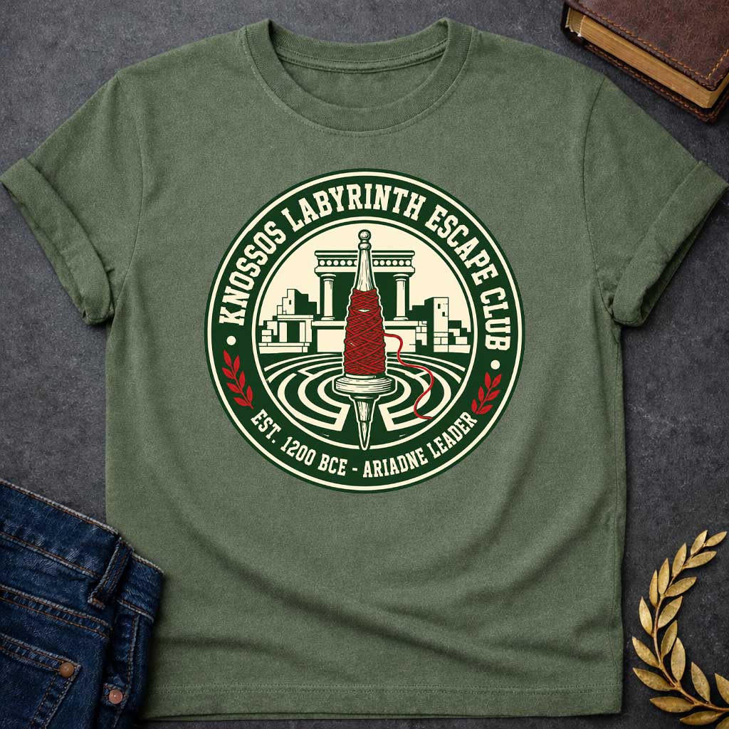 Military Green T-shirt with A circular, collegiate-style emblem t-shirt design, The logo features a cream center showing a wooden spindle wrapped in bright red thread, positioned over a labyrinth with ancient Minoan ruins behind it. The dark green outer ring reads "KNOSSOS LABYRINTH ESCAPE CLUB" along the top and "EST. 1200 BCE - ARIADNE LEADER" at the bottom, separated by small red laurel branches.