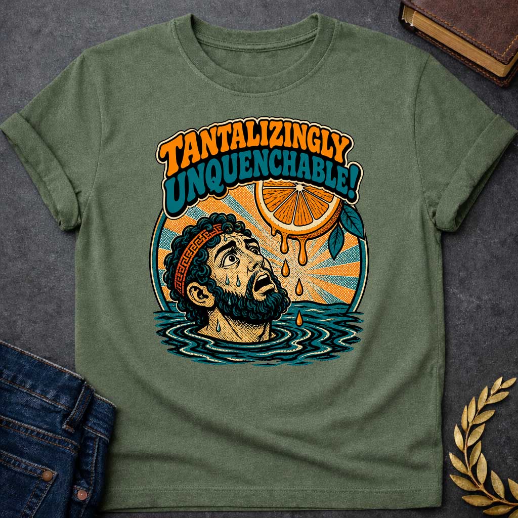 Military Green t-shirt with a retro pop-art design inspired by the myth of Tantalus. Inside a circular badge with a sunburst background, a sweating Greek man submerged to his neck in water looks up in desperation at a juicy orange slice dangling just out of reach with dripping juice droplets. Playful 70s-style bubble lettering arched above reads "TANTALIZINGLY UNQUENCHABLE!" in bold orange and teal fonts.