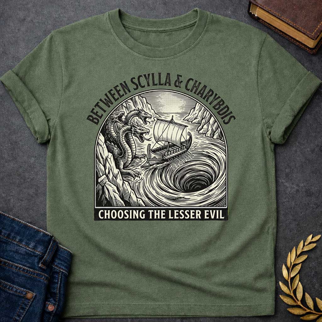 Military Green t-shirt in a vintage woodcut-style, Inside an arched badge, an ancient Greek ship sails narrowly between a multi-headed sea monster on rocky cliffs and a massive, swirling whirlpool. Bold arched text above reads "BETWEEN SCYLLA & CHARYBDIS", while a banner along the bottom displays the phrase "CHOOSING THE LESSER EVIL" in a clean, sans-serif font.