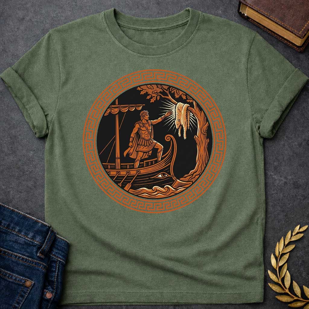 Military Green T-shirt with An ancient Greek pottery-style emblem t-shirt design. Inside a prominent terracotta circular frame featuring a classic meander key pattern, a black-figure style illustration depicts a muscular hero standing on the prow of a wooden ship. He reaches a hand out toward the glowing Golden Fleece hanging from a nearby tree branch, rendered in a bold black, white, and terracotta palette.