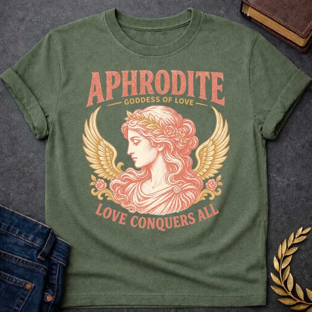 Military Green t-shirt with a Vintage Greek mythology design featuring Aphrodite, goddess of love, in an elegant classical portrait framed by golden wings, roses, and floral details. Warm coral and gold engraving-style artwork is paired with bold text reading "Aphrodite – Goddess of Love" and "Love Conquers All."