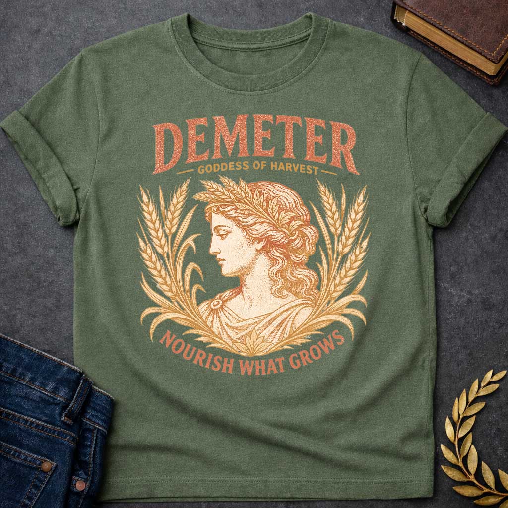 Military Green t-shirt with a Vintage Greek mythology design featuring Demeter, goddess of harvest, framed by golden wheat and grain. Distressed coral and gold artwork shows the goddess wearing a wheat crown with the text “Demeter Goddess of Harvest” and “Nourish What Grows,” celebrating nature, agriculture, and abundance.