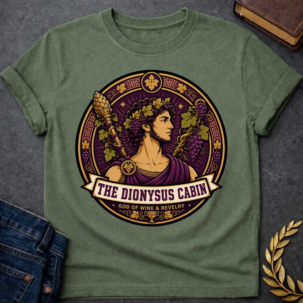 Military Green t-shirt with a Dionysus Greek mythology cabin design featuring the god of wine and revelry wearing a grapevine crown and purple robes, surrounded by clusters of grapes, vine leaves, a thyrsus, Greek key patterns, and a wine cup. Purple and gold circular emblem includes the text “The Dionysus Cabin” and “God of Wine & Revelry,”