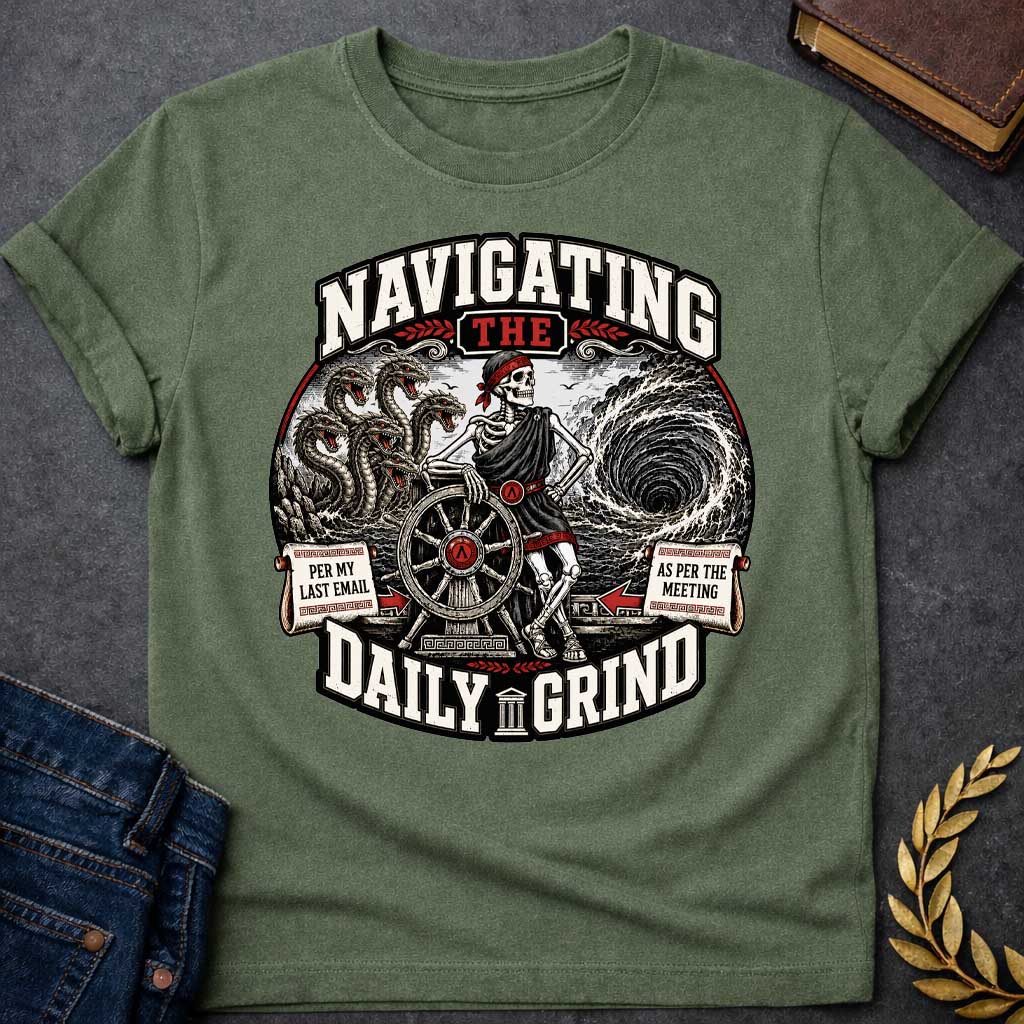 Military Green t-shirt with A skeleton in a toga casually leans on a ship's wheel between a multi-headed sea monster and a churning whirlpool. Bold text reads "NAVIGATING THE DAILY GRIND," with side scrolls humorously labeled "PER MY LAST EMAIL" and "AS PER THE MEETING."