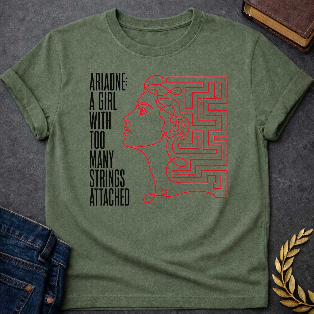Military Green T-shirt with A minimalist, modern line art t-shirt design for "ariadne a girl with black.jpg". Drawn in a single, continuous red line, the profile of a woman’s face seamlessly transitions into a geometric labyrinth maze behind her head. To the left, stark, vertically elongated black block text stacked vertically reads: "ARIADNE: A GIRL WITH TOO MANY STRINGS ATTACHED," creating a clever Greek mythology pun.