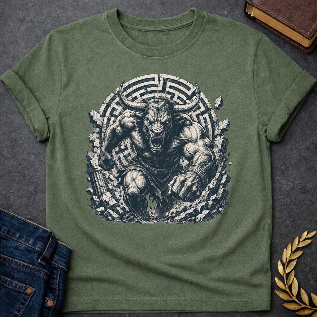 Military Green T-shirt with An intense, detailed engraving-style graphic. A powerful, muscular Minotaur with sharp horns and a roaring, ferocious expression bursts forward through a crumbling stone wall. In the background, a large circular labyrinth pattern frames the beast. The character wears ancient Greek-patterned arm bands and a loincloth, captured in a gritty, high-contrast black and white aesthetic