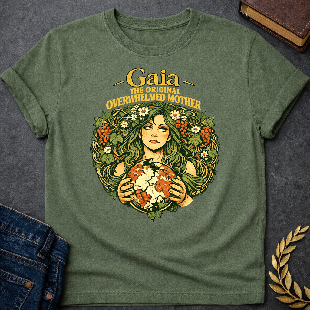 gaia overwhelmed mother greek mythology adult shirt featuring detailed Greek mythology artwork, symbolic design, and bold graphic style