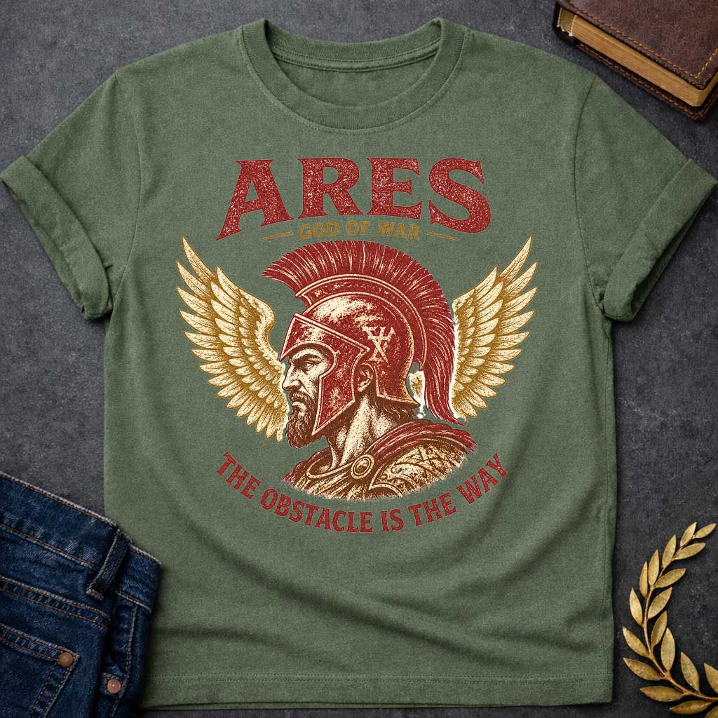 Military Green t-shirt with a Vintage Greek mythology design featuring Ares, god of war, wearing a battle-worn Greek helmet and armor. Golden wings frame the warrior in a bold red, gold, and cream engraving style. Text reads "Ares – God of War" and "The Obstacle Is the Way," creating a powerful design inspired by strength, courage, and ancient Greek mythology.