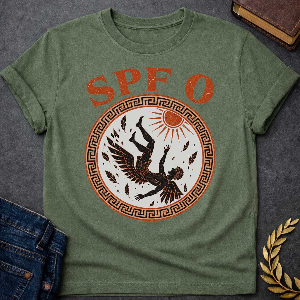 Military Green t-shirt with a distressed ancient Greek pottery-style graphic.  Inside a circular terracotta frame with a black meander key border, a black-figure illustration depicts Icarus falling from the sky as feathers detach from his wings below a shining terracotta sun. Arched above the circular emblem, bold, distressed orange text humorously reads "SPF 0".
