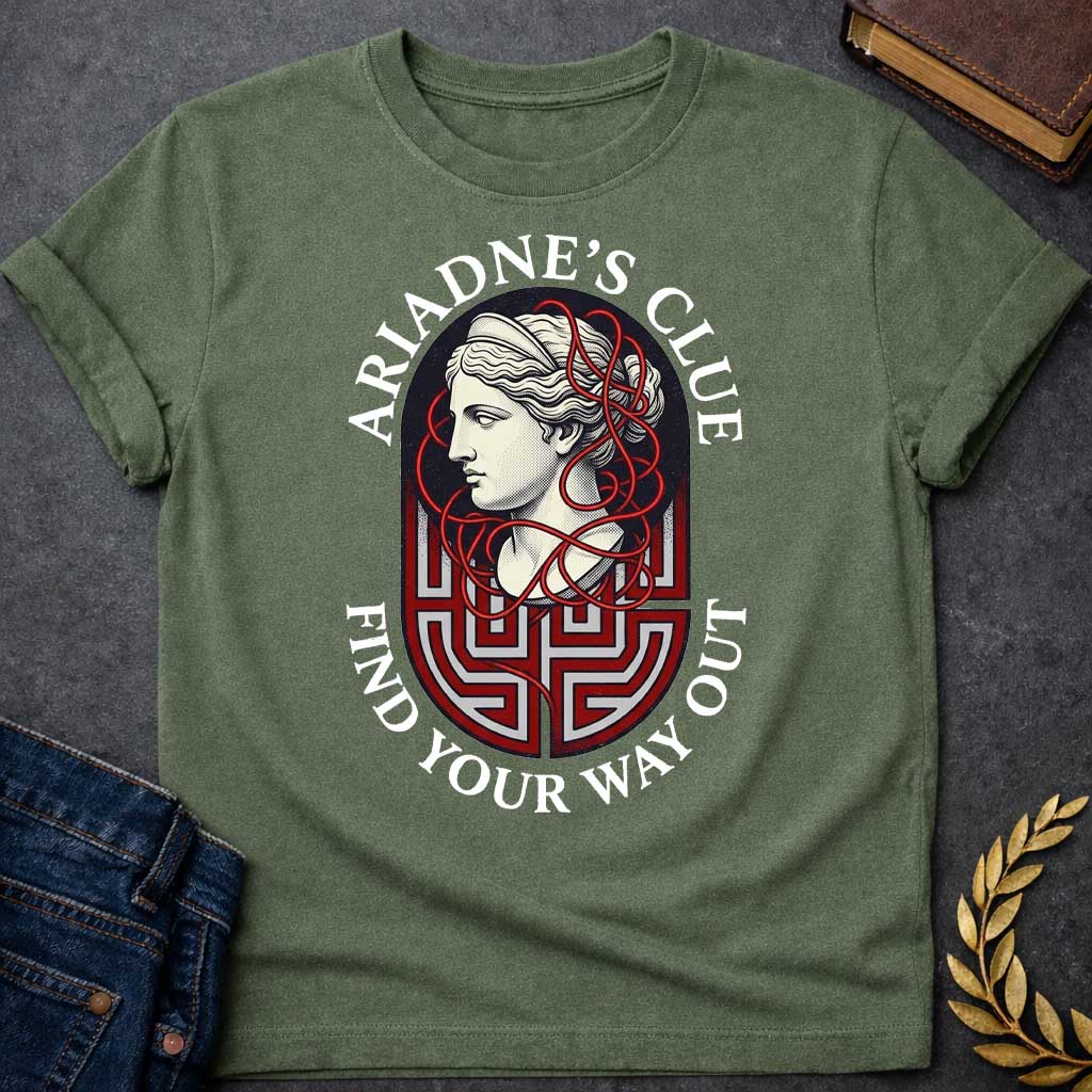 Military Green T-shirt with A Classical portrait of Ariadne rendered in cream and red showing her in profile with wavy hair. Red thread winds decoratively around her head and neck, referencing her legendary ball of thread that guided Theseus through the labyrinth. A Greek key maze pattern in red and gray forms the base below her portrait. Text reads 'Ariadne's Clue' above and 'Find Your Way Out' below. Celebrates the mythological heroine's wisdom and the power of guidance through impossible challenges