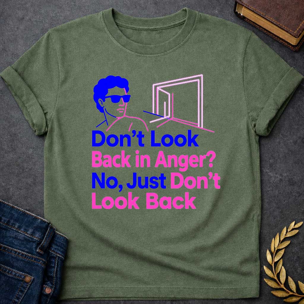 Military Green t-shirt in bold retro pop-art line style: a blue-outlined man in sunglasses (Orpheus-inspired) faces away from a glowing pink doorway. Large stacked text below alternates between blue and pink lettering