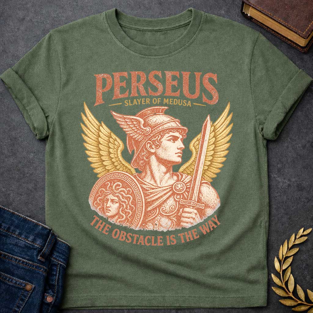 Military Green t-shirt with a Vintage Perseus Greek mythology design featuring the heroic slayer of Medusa wearing a winged helmet and holding a sword and shield decorated with Medusa’s head. Golden wings frame the distressed terracotta illustration with the text “Perseus,” “Slayer of Medusa,” and “The Obstacle Is the Way.”