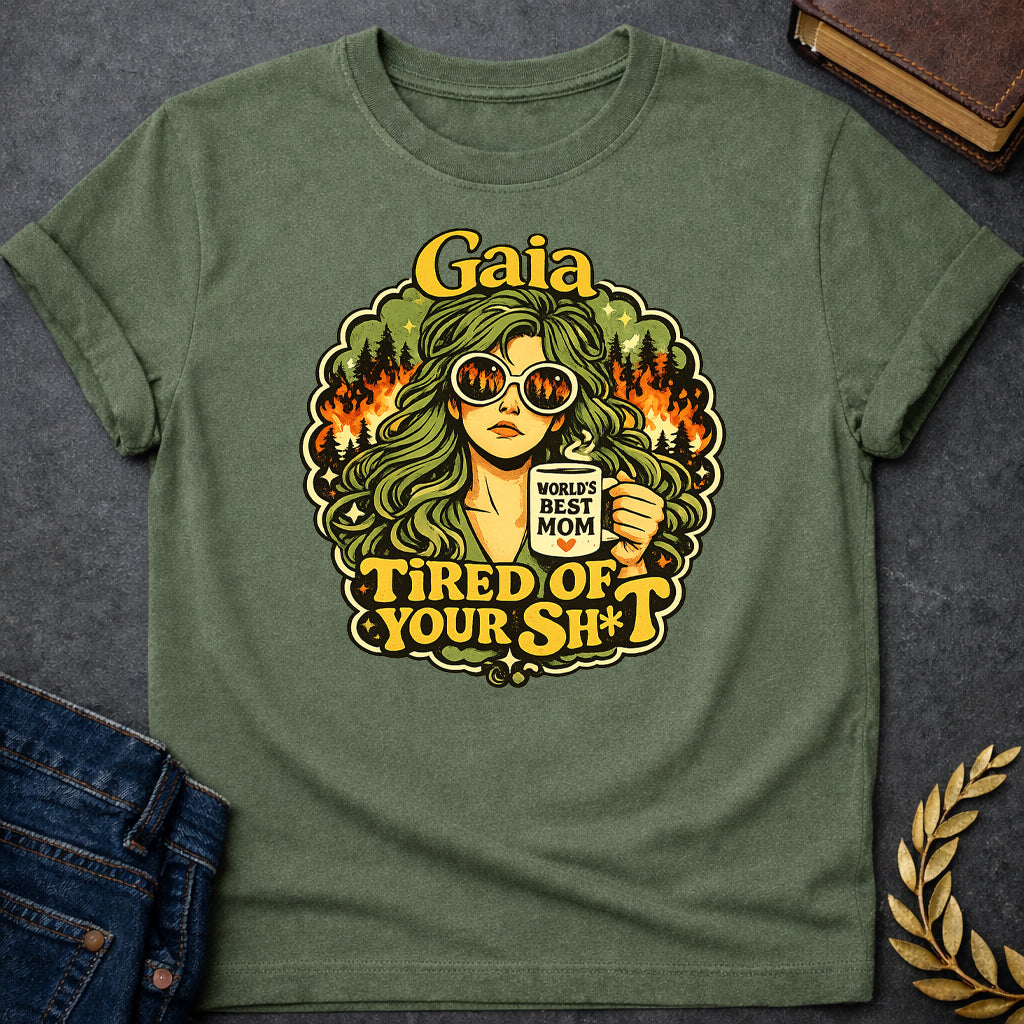 gaia tired of your sh t mythology adult shirt featuring detailed Greek mythology artwork, symbolic design, and bold graphic style
