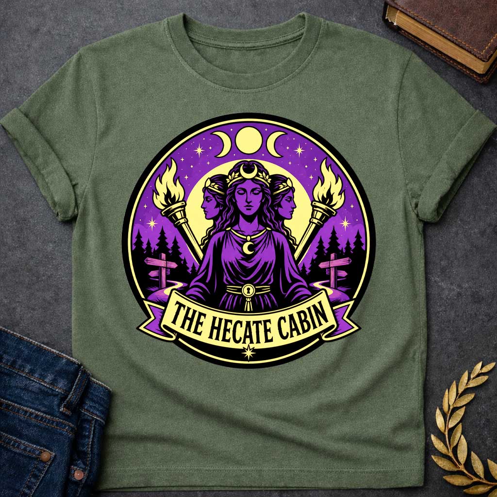 Military Green t-shirt with a Hecate Greek mythology design featuring the triple goddess with three faces, crescent moon symbols, glowing torches, stars, and a mystical purple night sky. Forest silhouettes and crossroads signs represent Hecate’s connection to magic and crossroads, framed in a circular camp-style emblem with the text “The Hecate Cabin.”