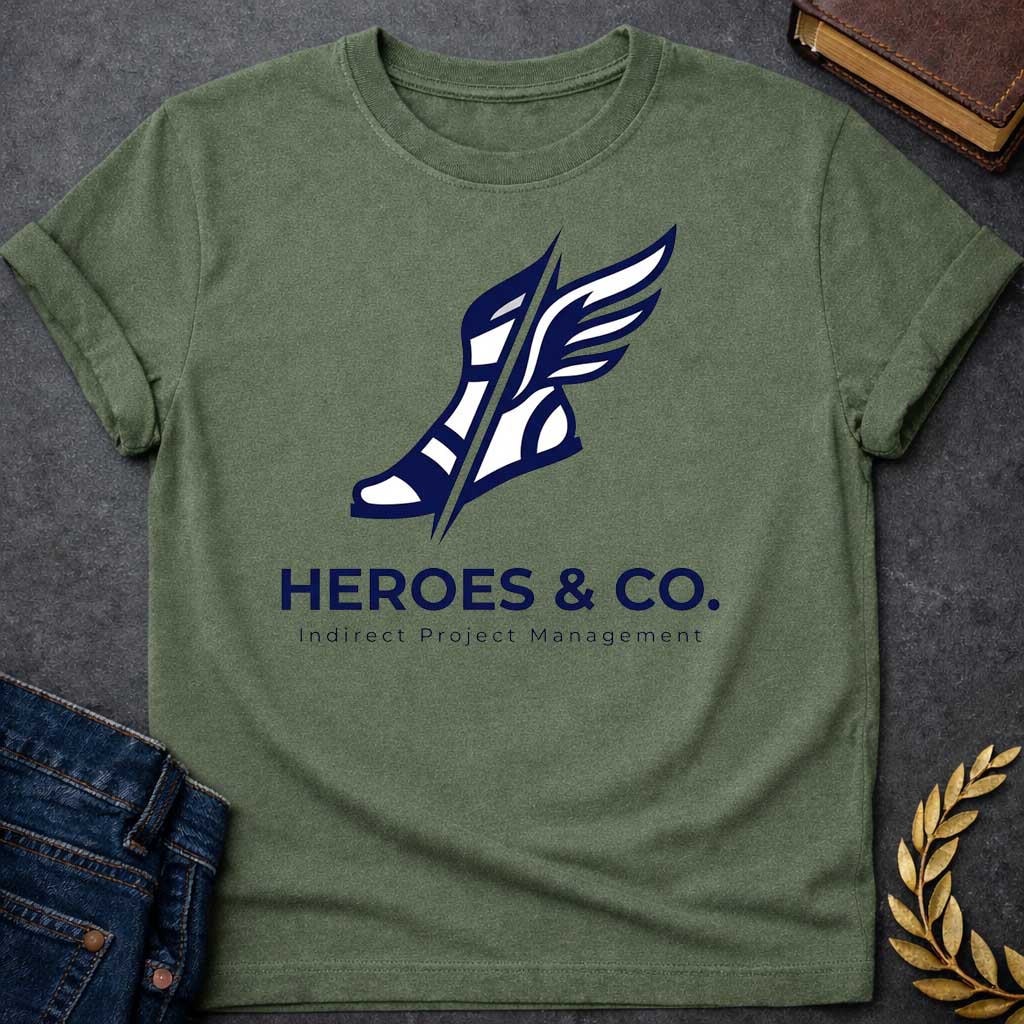 Military Green t-shirt with a a bold, angular illustration of a winged sandal (Hermes-style) sliced diagonally by a sharp line, above the company name in large capital letters, with the tagline "Indirect Project Management" below in smaller spaced-out lettering.
