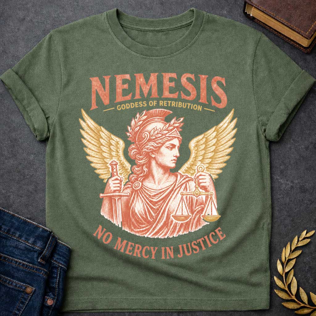 Military Green t-shirt with a Vintage Nemesis Greek mythology design featuring the goddess of retribution in a classical helmet and laurel crown, holding a sword and scales of justice. Large golden wings frame the distressed terracotta portrait. Text reads “Nemesis,” “Goddess of Retribution,” and “No Mercy in Justice.”