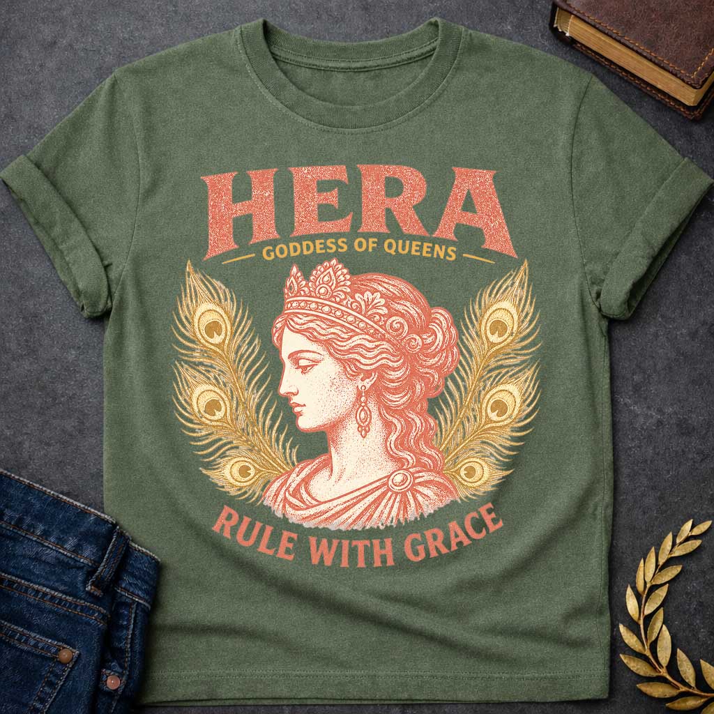 Military Green t-shirt with a Vintage Hera Greek mythology design featuring the Goddess of Queens in profile wearing an ornate jeweled crown and elegant classical robes. Golden peacock feathers frame her portrait, symbolizing Hera’s sacred bird and royal status. Distressed coral and gold artwork includes the bold text “Hera Goddess of Queens” and “Rule With Grace.”