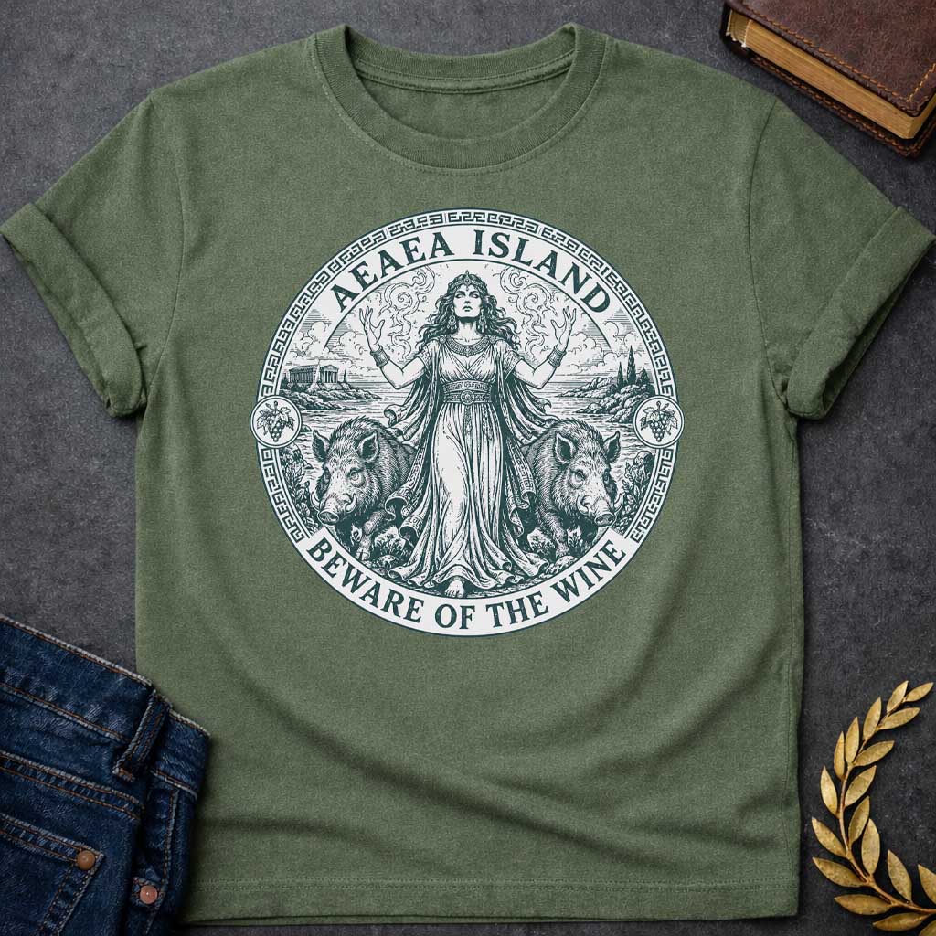 Military Green T-shirt with a Classical engraving-style illustration of Circe, the Greek goddess of magic, commanding her island of Aeaea with raised arms and mystical power. She wears an ornate crown and flowing draped robes adorned with jewelry. Two human-headed pigs flank her, representing men transformed through her enchanted wine. Grape vines with fruit surround the mystical coastal scene. Greek key pattern border in teal frames the circular composition. Text reads 'Aeaea Island' and 'Beware of the Win