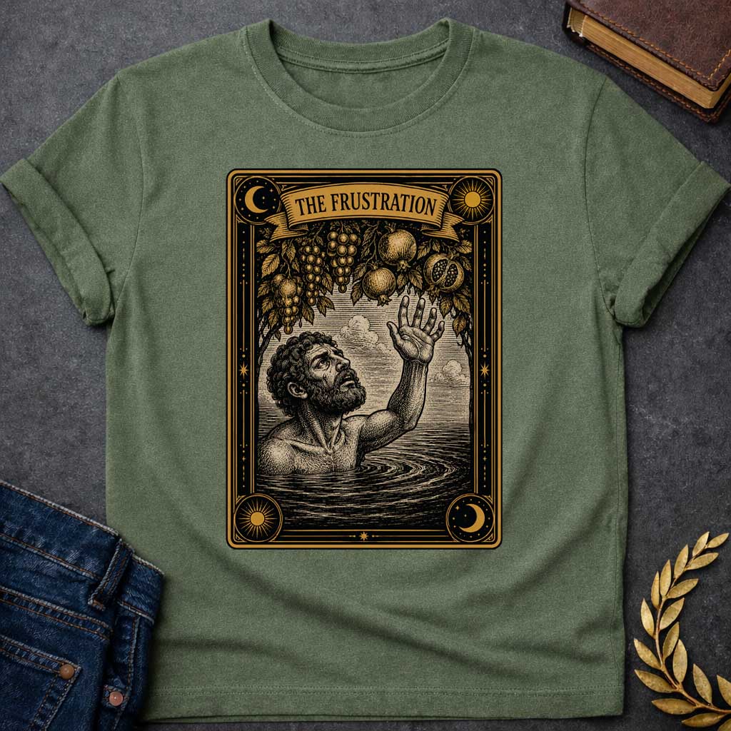 Military Green t-shirt with A detailed tarot card-style illustration. Set within an ornate black and gold border featuring sun and moon corner emblems, a bearded man in rippling water reaches one hand up toward hanging branches overflowing with grapes and pomegranates. A ribbon banner across the top of the card displays the title "THE FRUSTRATION" in a bold serif typeface.