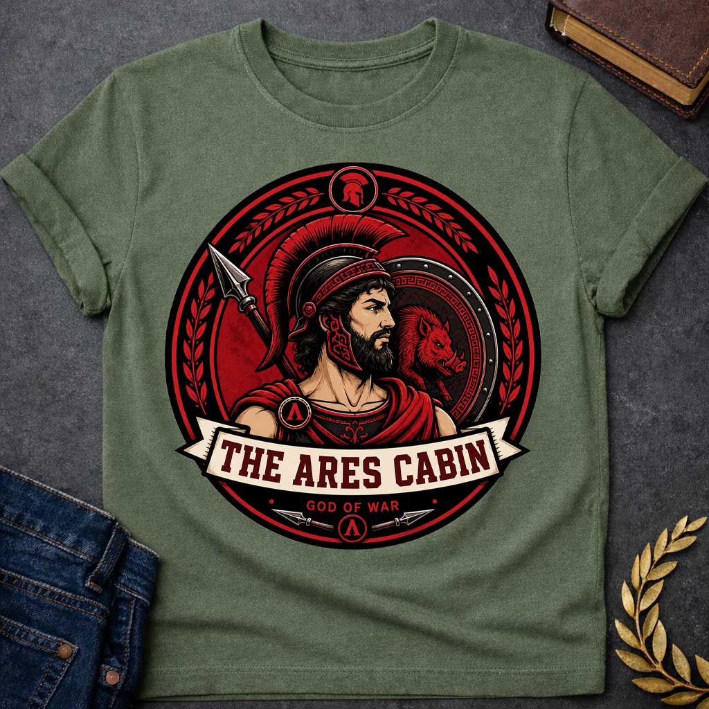 Military Green t-shirt with a Ares Greek mythology cabin design featuring the god of war in a Spartan-style helmet and armor, framed by a spear, shield with a fierce boar, and laurel branches. Bold red, black, and cream circular camp-style emblem includes the text “The Ares Cabin” and “God of War,”