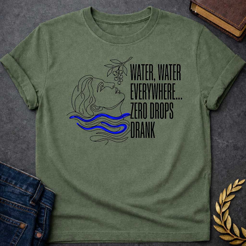 Military Green t-shirt with A continuous line-art illustration. Drawn in sleek black outlines with vibrant blue water ripples, a classical profile tilts its head back toward a hanging fruit branch just above. Stacked to the right in tall, narrow sans-serif text, the quote reads "WATER, WATER EVERYWHERE... ZERO DROPS DRANK" for a modern, mythological-inspired design.