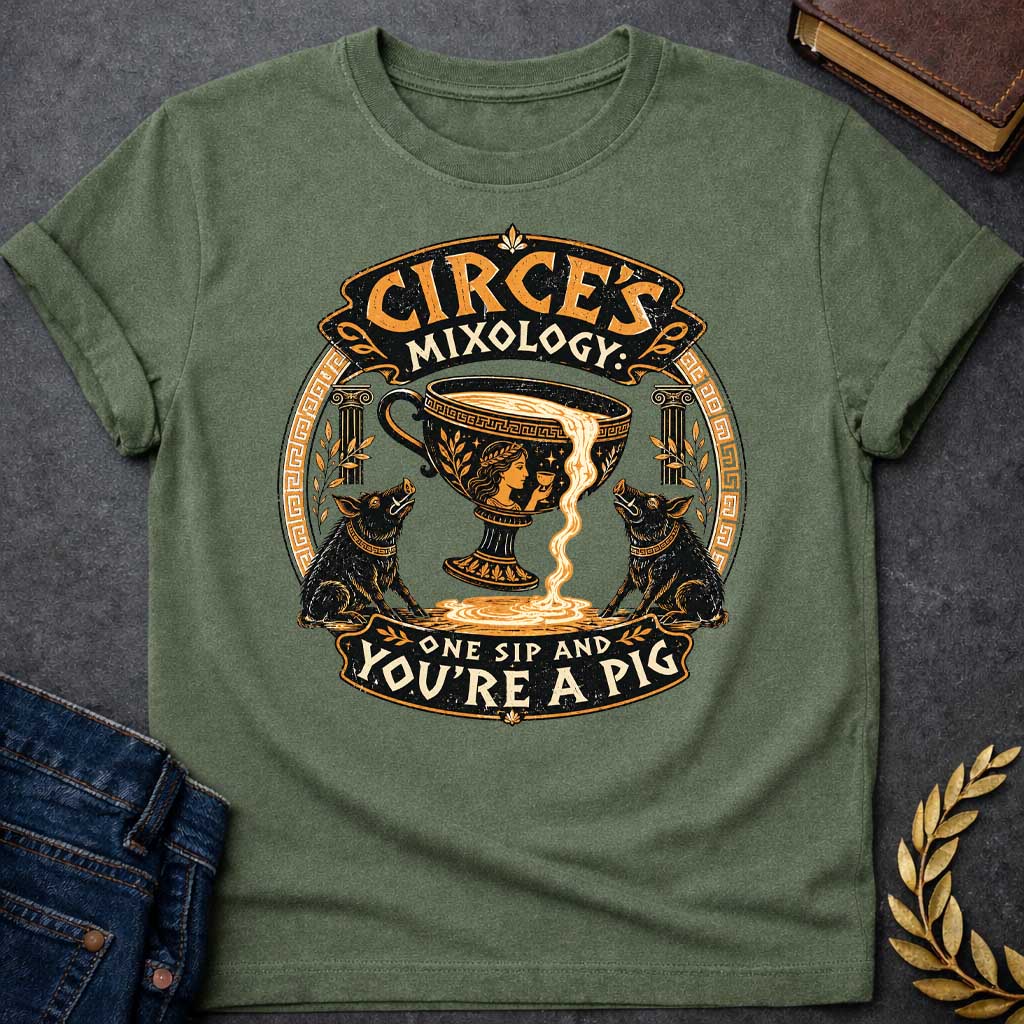 Military Green T-shirt with a vintage-style Greek mythology t-shirt design Centered is a large black and gold ancient Greek kylix cup spilling a potion, flanked by two black pigs. At the top, stylized text reads "CIRCE'S MIXOLOGY" in an ornate banner. Below, the warning "ONE SIP AND YOU'RE A PIG" curves along the bottom. The entire circular graphic features a distressed texture with traditional Greek key patterns