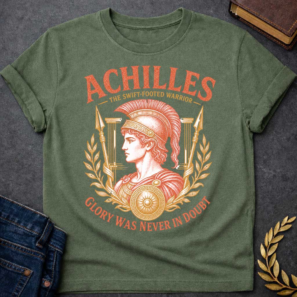 Military Green t-shirt with a Vintage Greek mythology design featuring Achilles in a detailed warrior helmet and armor, framed by laurel branches, spears, Greek columns, and a decorated shield. Bold text reads "Achilles – The Swift-Footed Warrior" and "Glory Was Never in Doubt." The orange and gold engraving-style artwork celebrates the legendary hero of the Trojan War.