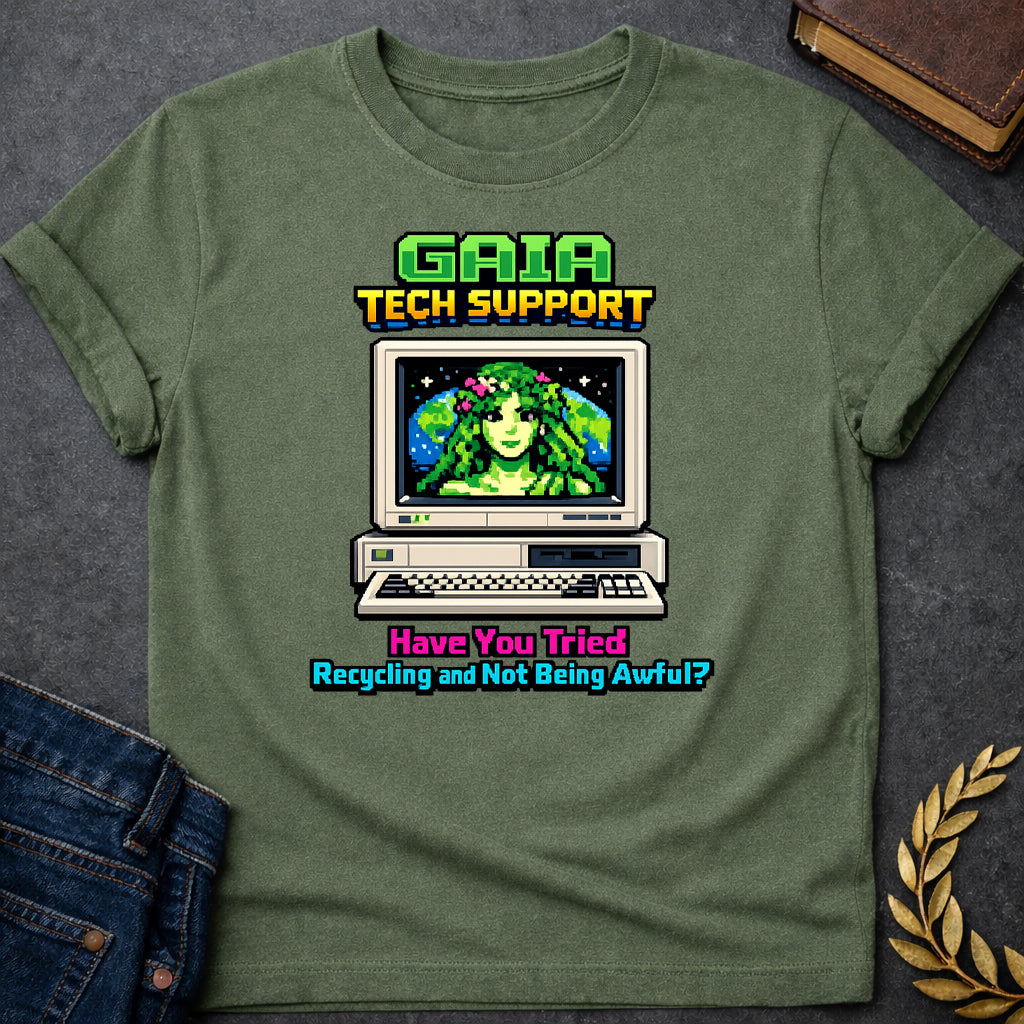 gaia tech support greek mythology adult shirt featuring detailed Greek mythology artwork, symbolic design, and bold graphic style