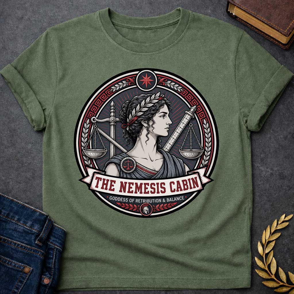 Military Green Nemesis Greek mythology cabin design featuring the goddess of retribution and balance in a detailed circular emblem. She wears a laurel crown and is surrounded by balanced scales, a sword, measuring rod, Greek key patterns, and red accents. Text reads “The Nemesis Cabin” and “Goddess of Retribution & Balance,”