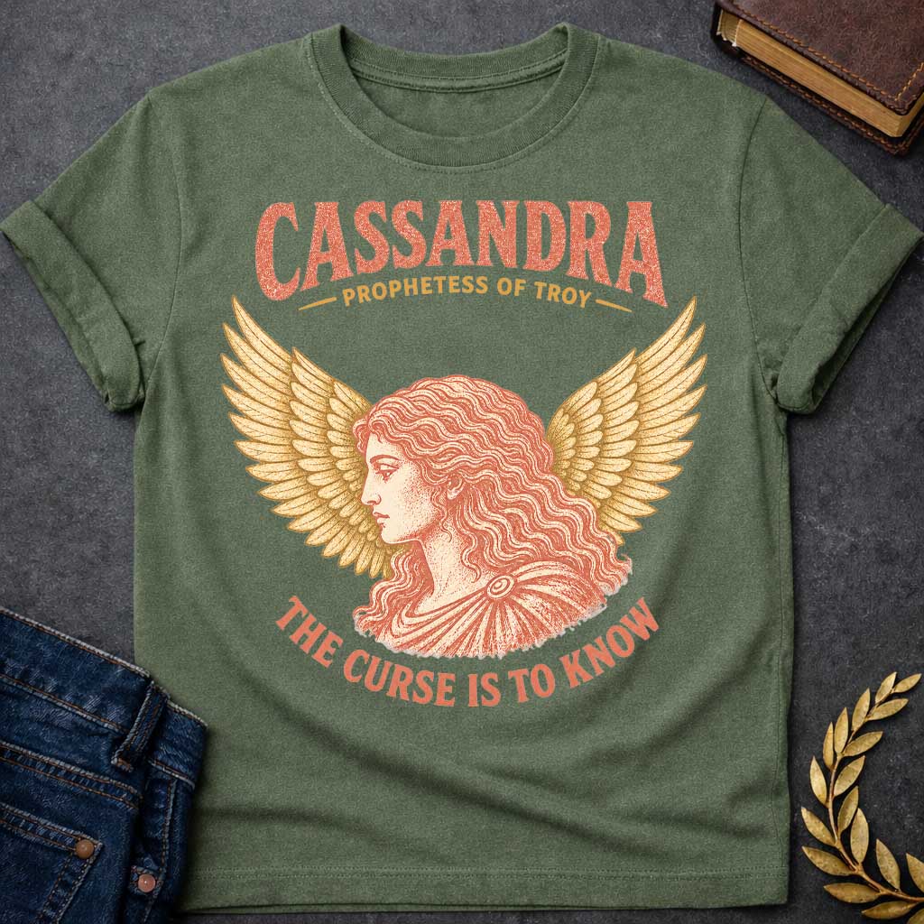 Military Green t-shirt with a Vintage Greek mythology design featuring Cassandra, prophetess of Troy, in a classical portrait framed by dramatic golden wings. Warm coral and gold engraving-style artwork accompanies bold text reading "Cassandra – Prophetess of Troy" and "The Curse Is to Know," inspired by her tragic gift of prophecy and the curse that no one would believe her warnings.