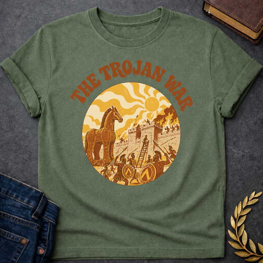 Military Green T-shirt featuring bold groovy 1970s-style arched brown text reading "The Trojan War" above a circular vintage illustration depicting the siege of Troy — the Trojan Horse stands to the left while Greek warriors with Spartan shields and spears storm the burning walls of Troy using a ladder, under a stylized wavy sun, rendered in a warm retro palette of golden yellow, burnt orange, and brown tones