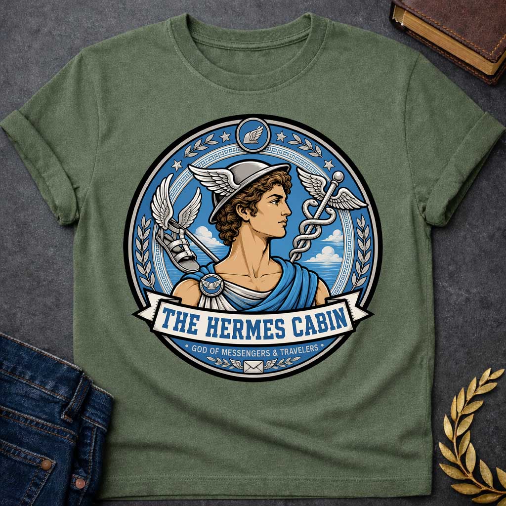 Military Green t-shirt with a Hermes Greek mythology cabin design featuring the messenger god wearing his iconic winged helmet, surrounded by winged sandals, a caduceus, laurel branches, stars, and clouds. Blue, silver, and cream circular emblem includes the text “The Hermes Cabin” and “God of Messengers & Travelers,”