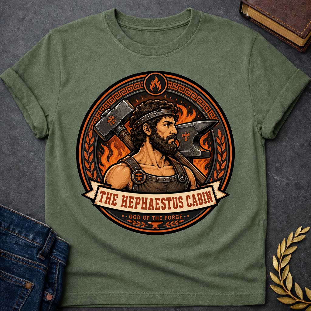 Military Green t-shirt with a Hephaestus Greek mythology cabin design featuring the bearded god of the forge carrying a large hammer, with an anvil and blazing flames behind him. Bold orange, black, and bronze circular emblem includes Greek key and laurel details with the text “The Hephaestus Cabin” and “God of the Forge,”