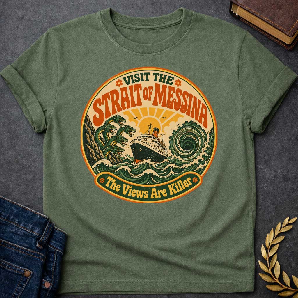 Military Green t-shirt with A retro 70s travel-poster style design.  Inside a circular badge with a warm sunset, a vintage ocean liner sails between six-headed serpent Scylla and a swirling green whirlpool. Arched bold orange text reads "VISIT THE STRAIT OF MESSINA" at the top, while a bottom banner reads "The Views Are Killer" flanked by small flower icons in a distressed groovy aesthetic.