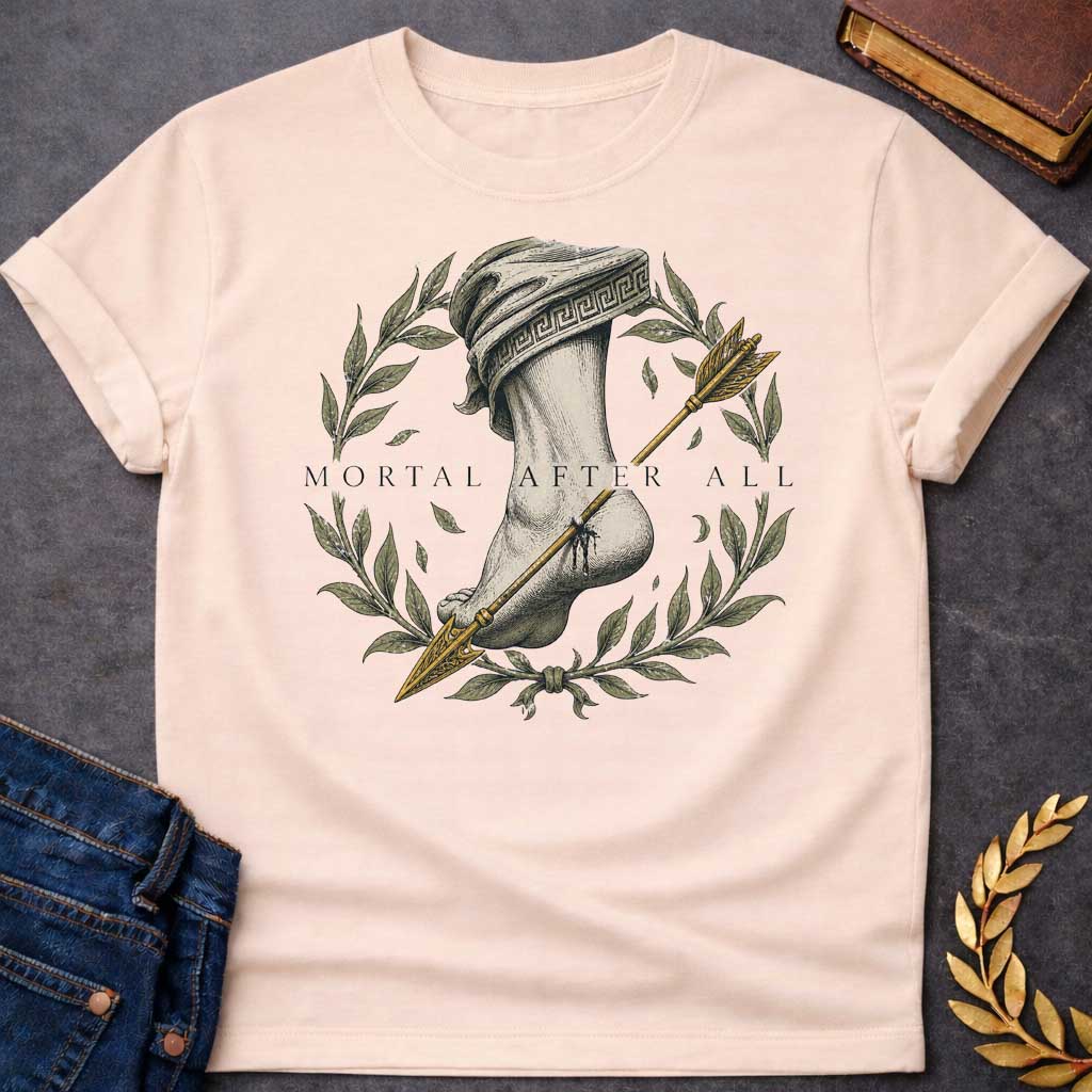 Natural T-Shirt with a classical engraving-style illustration depicting Achilles' fatal vulnerability. A muscular leg and foot rendered in detailed cross-hatching, draped in cloth with Greek key pattern. A golden arrow pierces the heel. Framed by a laurel wreath with olive-green leaves and falling leaves, symbolizing victory and mortality. Elegant serif text reads 'MORTAL AFTER ALL.' Muted tones of cream, grey, olive green, and gold create a somber quality reflecting Achilles' death by arrow to his only vul