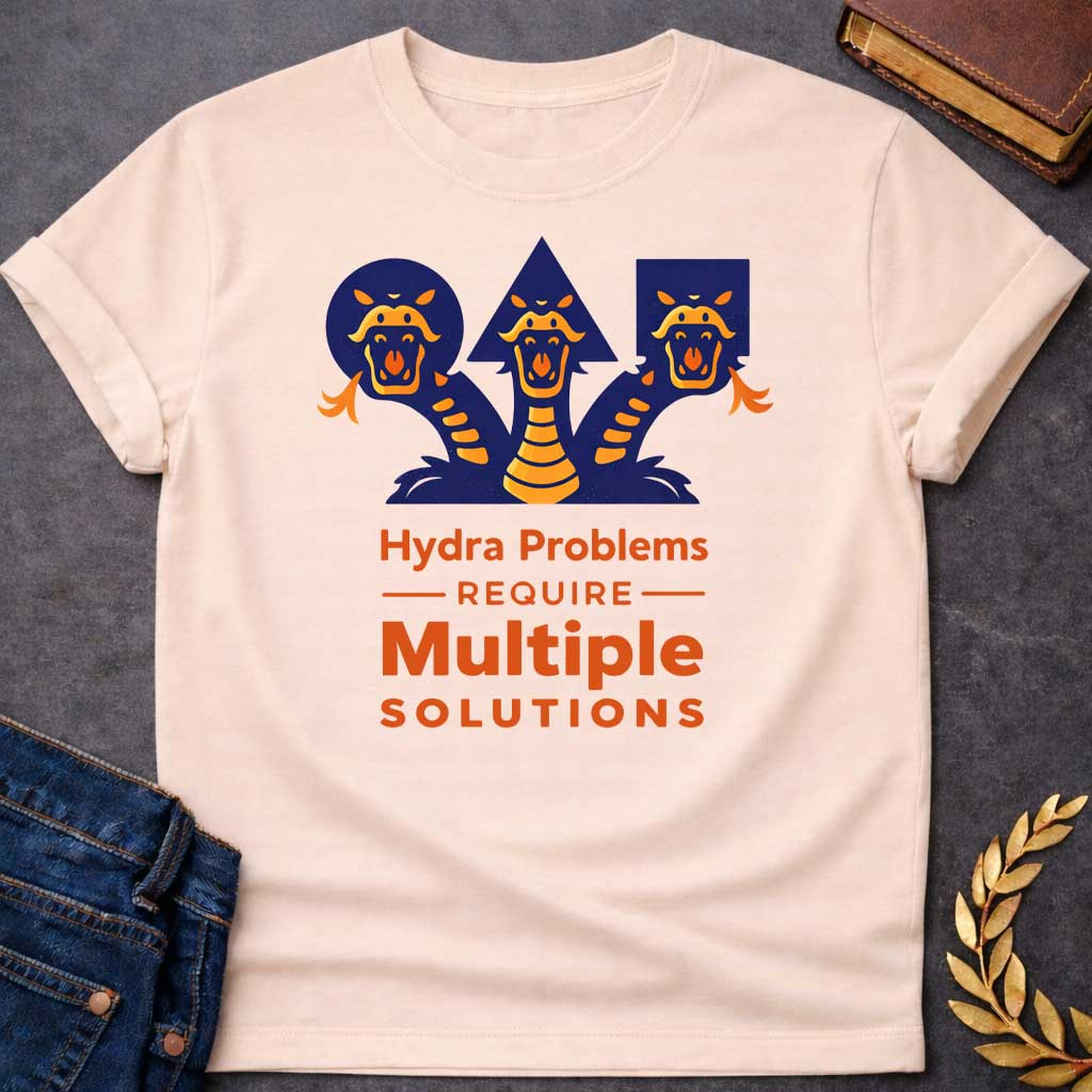 Natural T-shirt with a graphic featuring a bold modern illustrated design of the Hydra, the multi-headed serpent of Greek mythology, depicted as three snarling orange and navy snake heads rising against geometric navy shapes a circle, triangle, and rectangle.  Bold orange text below reads "Hydra Problems Require Multiple Solutions" with "Require" flanked by horizontal rules in a smaller weight