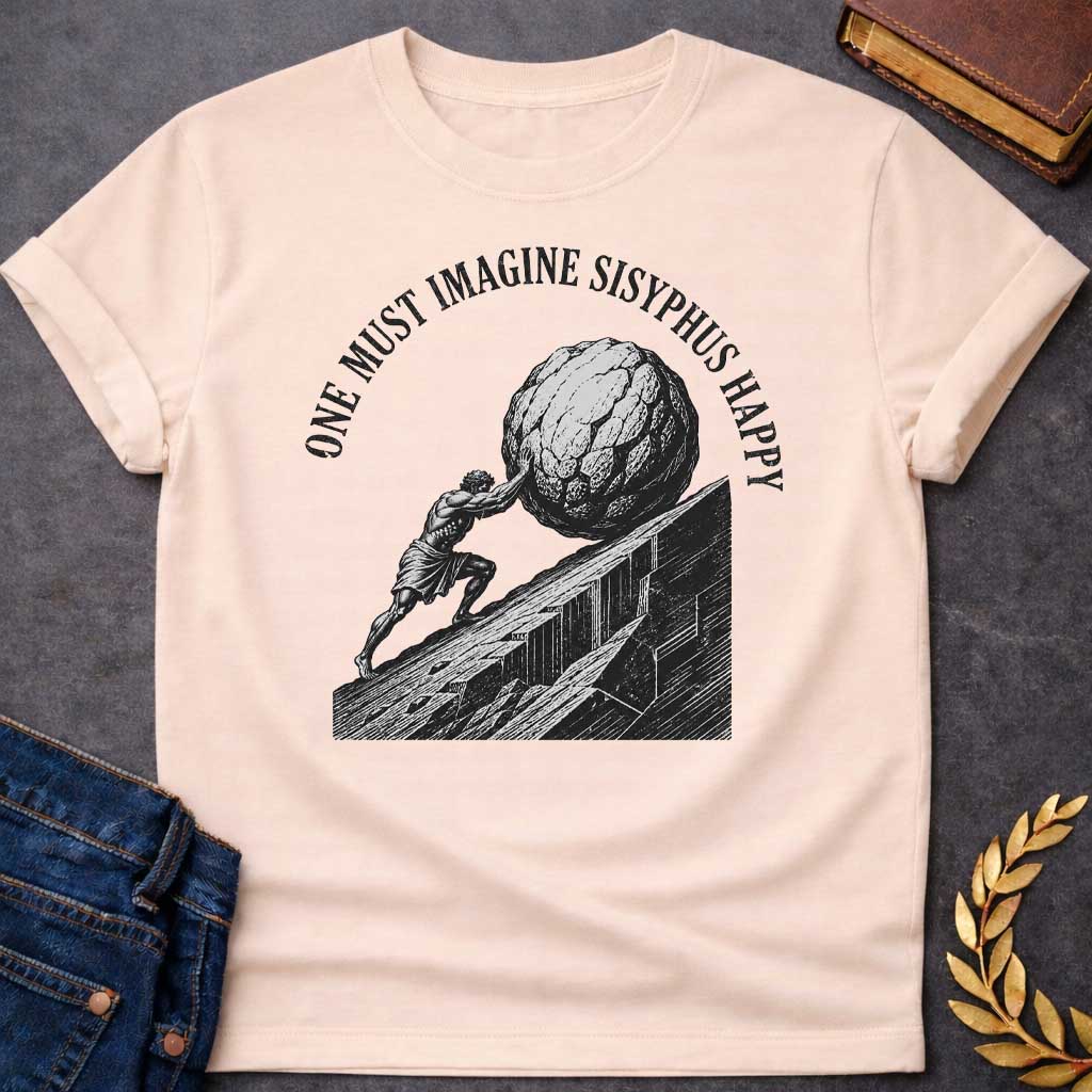Natural T-Shirt with a high-contrast, black-and-white graphic design. The illustration features a woodcut-style depiction of Sisyphus straining to push a massive, craggy boulder up a steep, jagged mountainside. Arched in a bold, weathered serif font over the top of the illustration is the text "ONE MUST IMAGINE SISYPHUS HAPPY,"